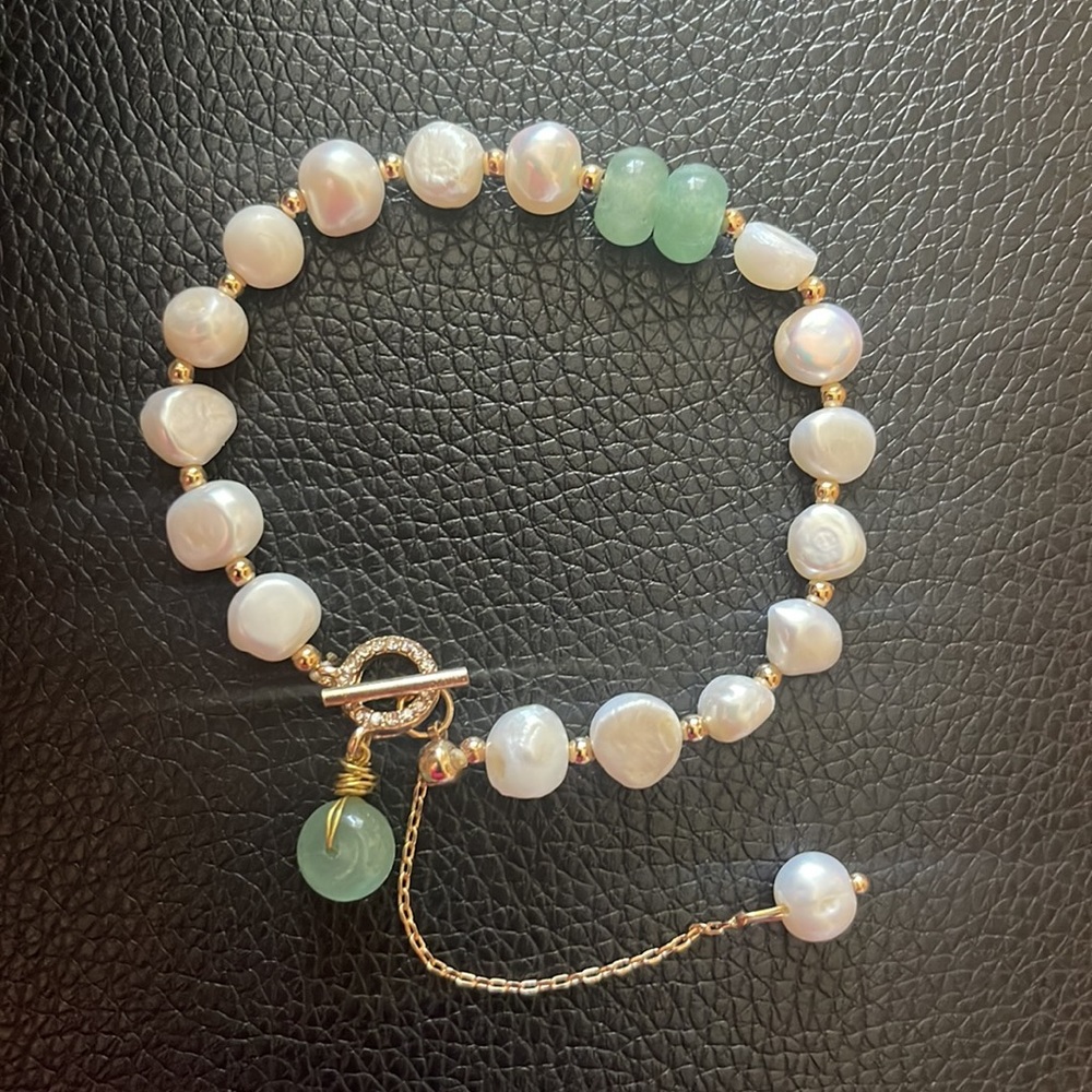 Pearl Bracelet Green Natural Stone Pendant Adjustable Cuff Bracelets 7” …